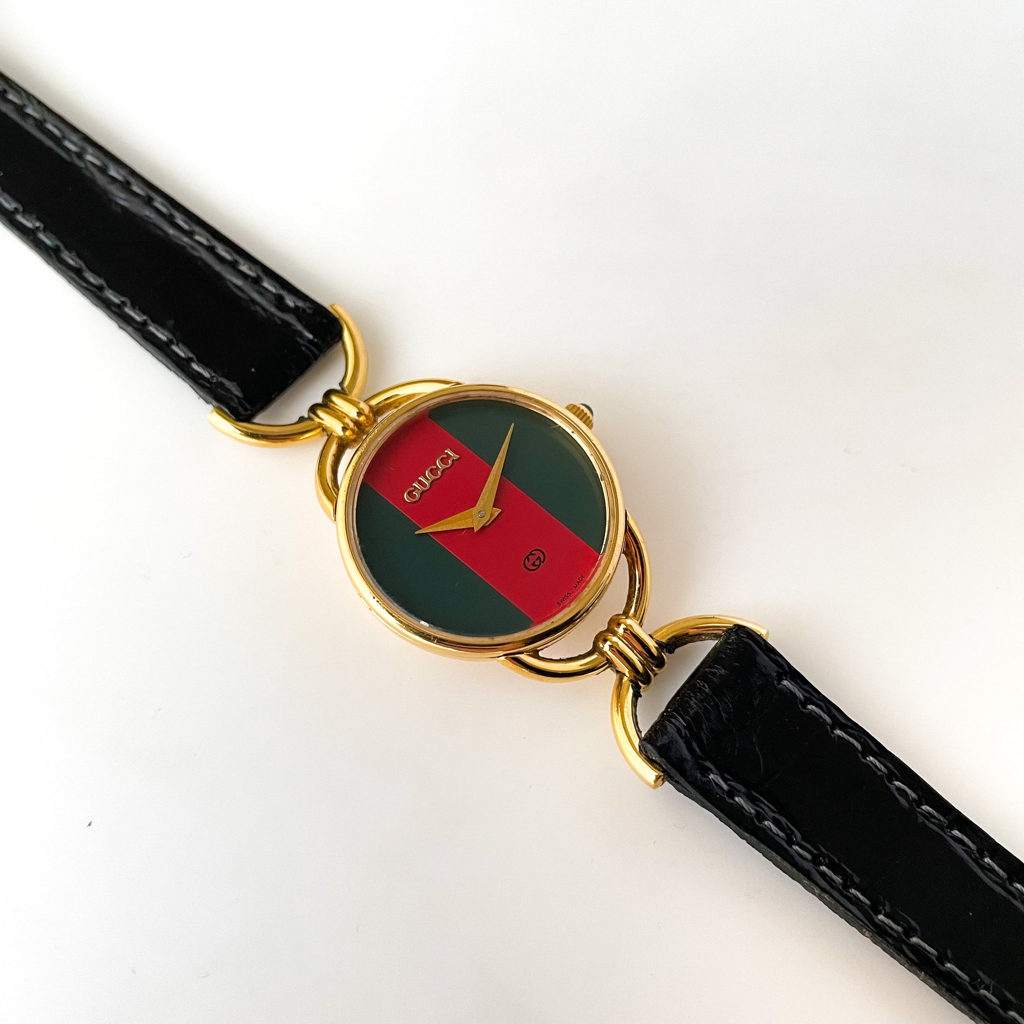 90s Gold Plated Gucci Watch with Green Red Dial and Black Leather Stra Finchley Watches