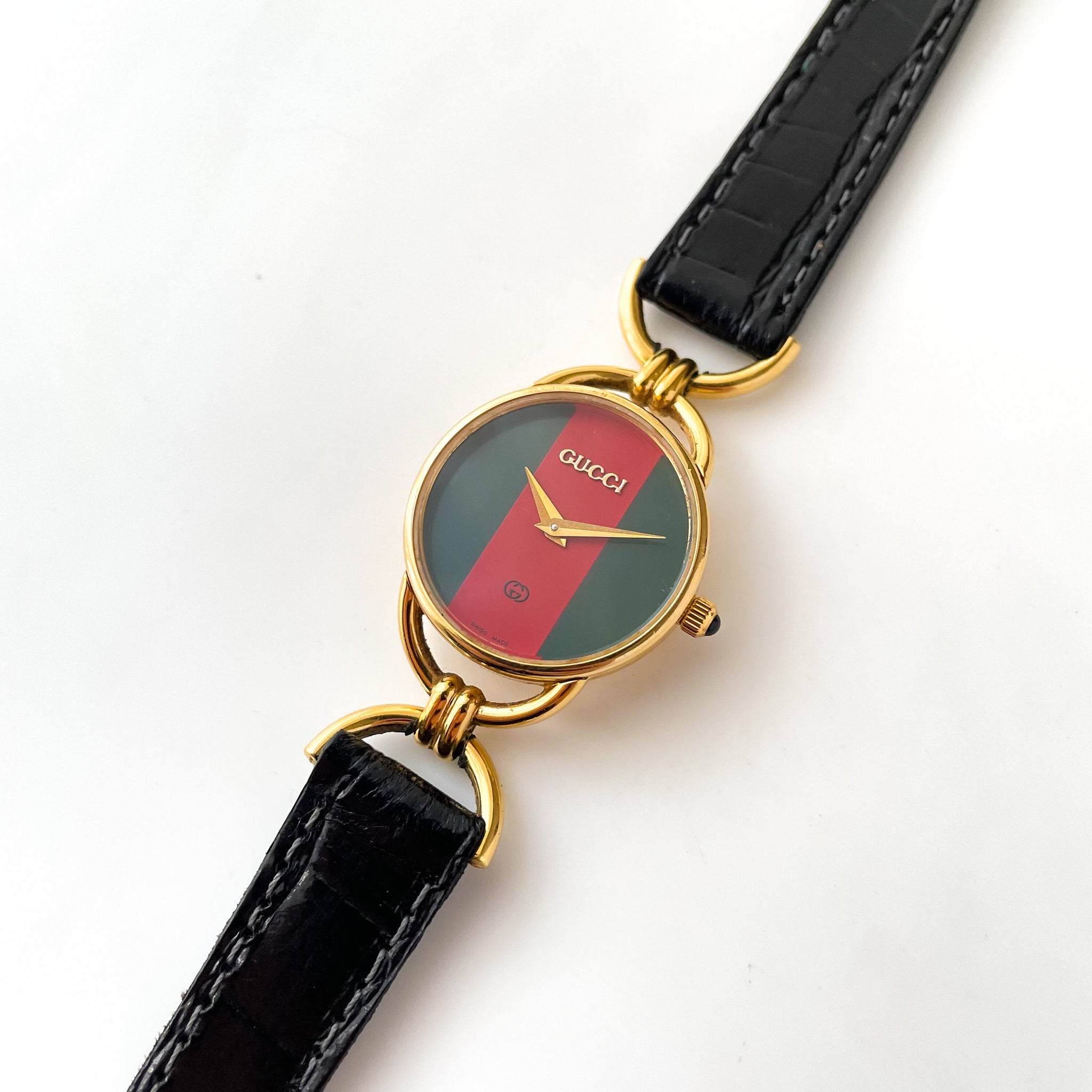 90s Gold-Plated Gucci Watch with Green/Red Dial and Black