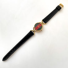 Load image into Gallery viewer, 90s Gold-Plated Gucci Watch with Green/Red Dial and Black Leather Strap
