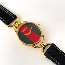 Load image into Gallery viewer, 90s Gold-Plated Gucci Watch with Green/Red Dial and Black Leather Strap
