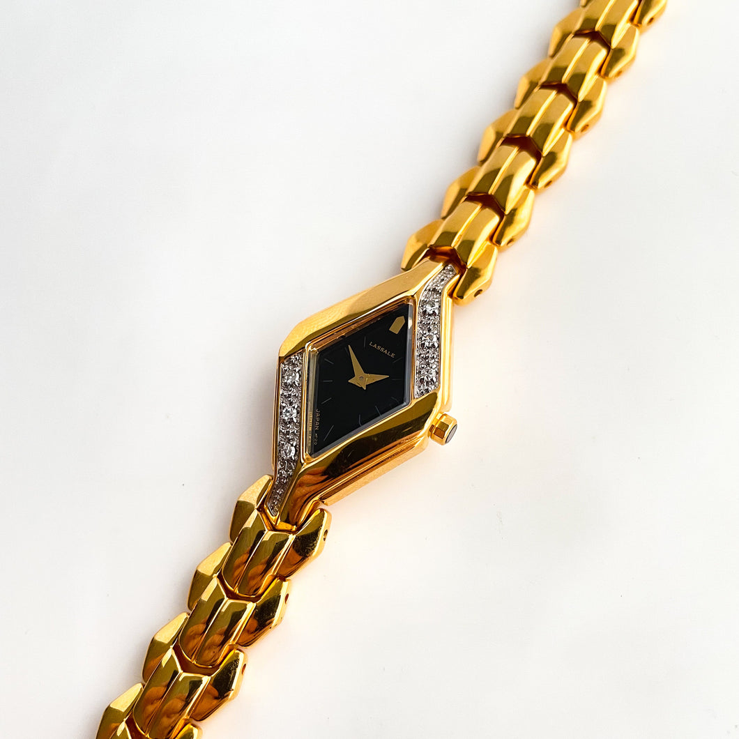 Very Rare 1995 Gold-Plated Asymmetrical Lassale (Seiko) Quartz Watch with Black Dial and Diamond Set Bezel