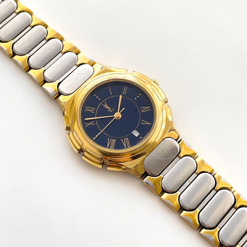 Vintage 90s Yves Saint Laurent Unisex Quartz Watch with Dark Blue Dial