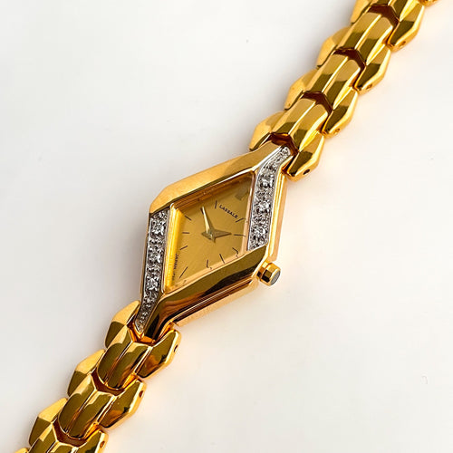 Very Rare 1995 Gold-Plated Asymmetrical Lassale (Seiko) Quartz Watch with Gold Dial and Diamond Set Bezel