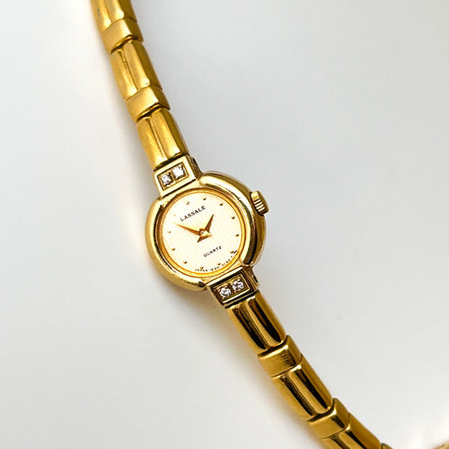 Rare Tiny 1990s Gold-Plated Lassale (Seiko) Quartz Watch with Round Dial and Genuine Diamonds