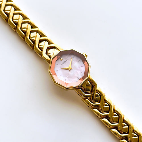 Very Rare 1990s Gold-Plated Lassale (Seiko) Quartz Watch with Pink Dial and Faceted Crystal
