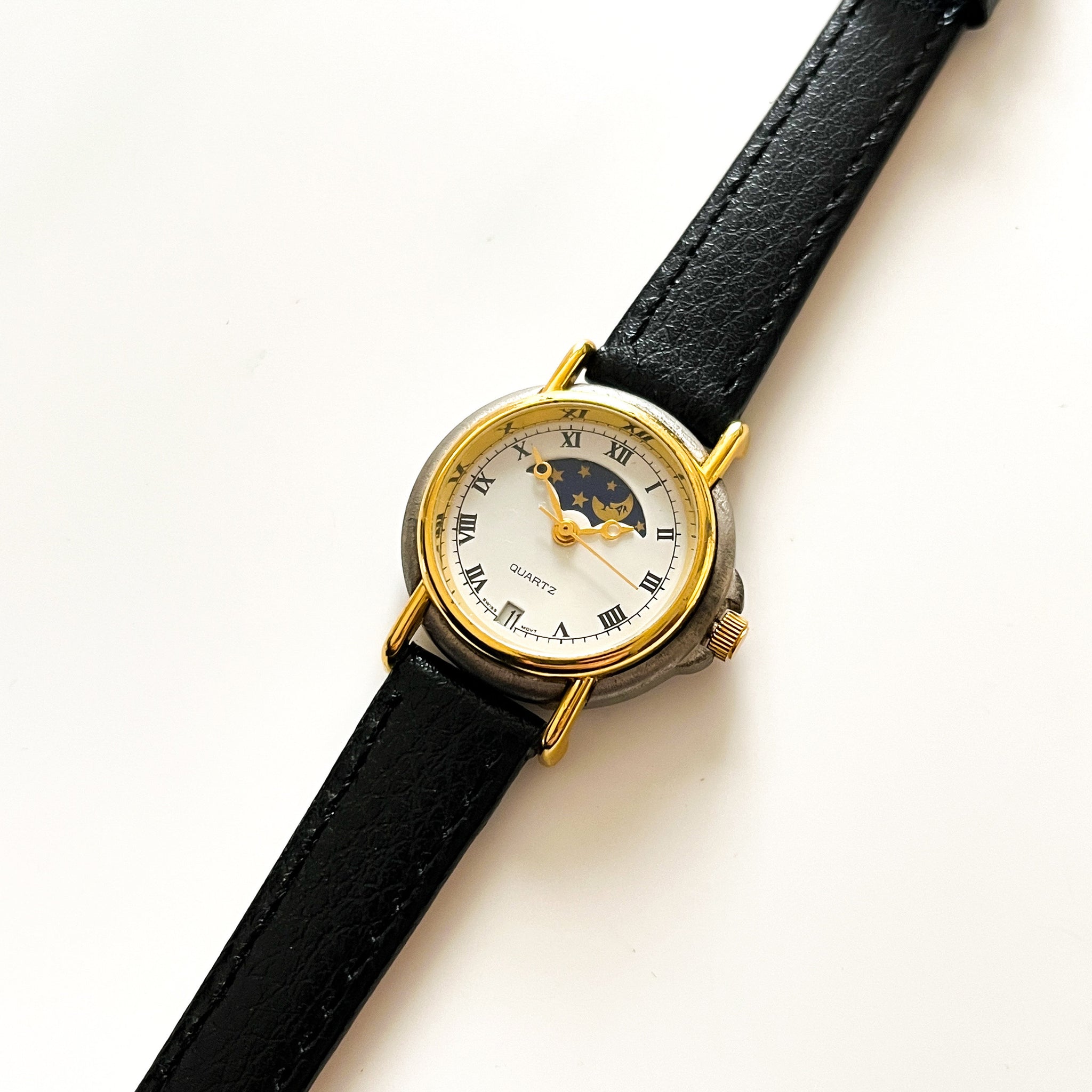 Vintage Sun Moon Phase Quartz Watch with Black Leather Strap