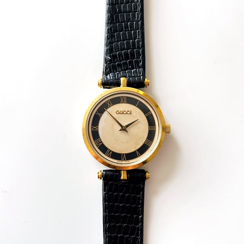 80s Unisex Gucci Quartz Watch with Beige and Black Dial and Leather Strap