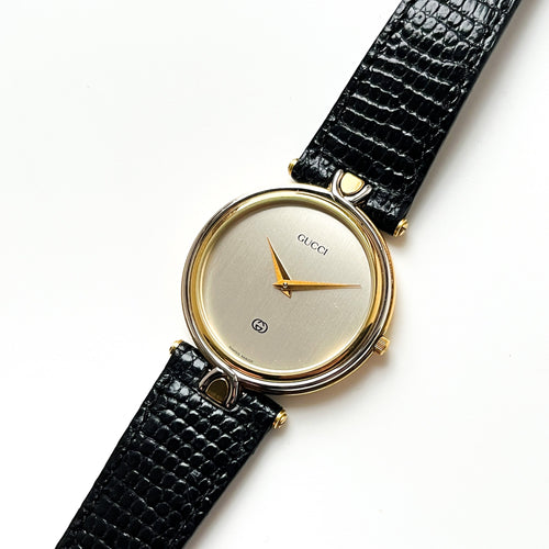 90s Two-Tone Gucci Unisex Quartz Watch with Black Leather Strap
