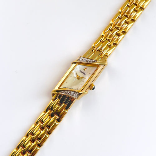 Rare Vintage 1990s 18ct Gold-Plated Ladies' Seiko Quartz Watch With Asymmetrical Mother of Pearl Dial and Genuine Diamonds