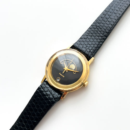 Vintage Ladies' Accurist Moon Phase Quartz Watch with Black Leather Strap