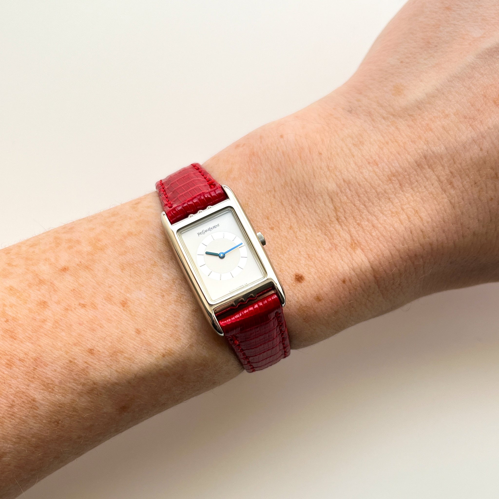 Vintage 90s YSL Tank-Style Ladies' Quartz Watch, Red Strap