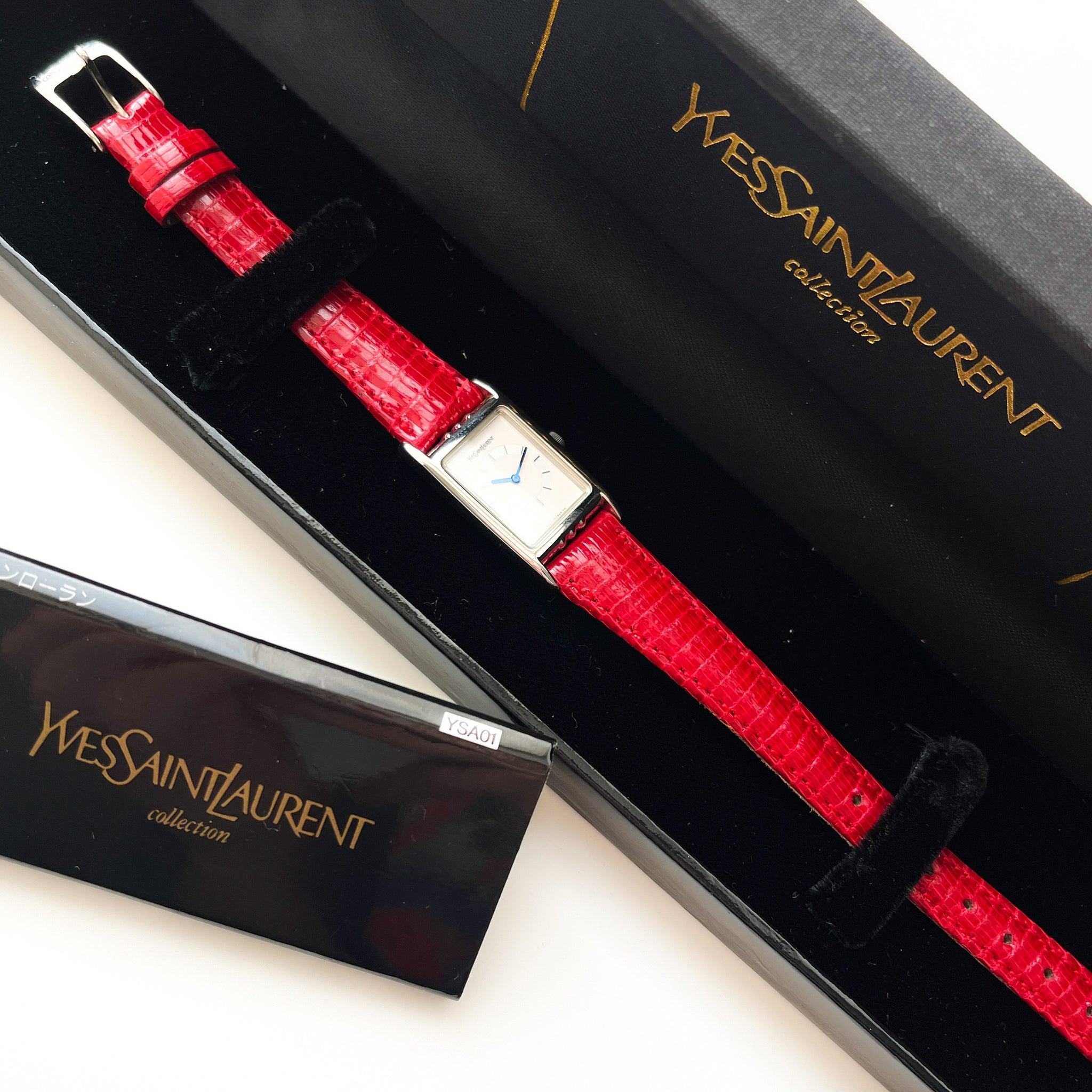 Vintage 90s YSL Tank-Style Ladies' Quartz Watch, Red Strap