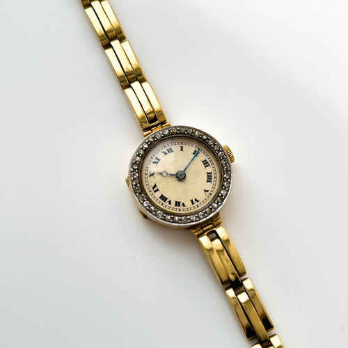 Antique 18ct Solid Gold Ladies Mechanical Watch with Diamond-Set Bezel